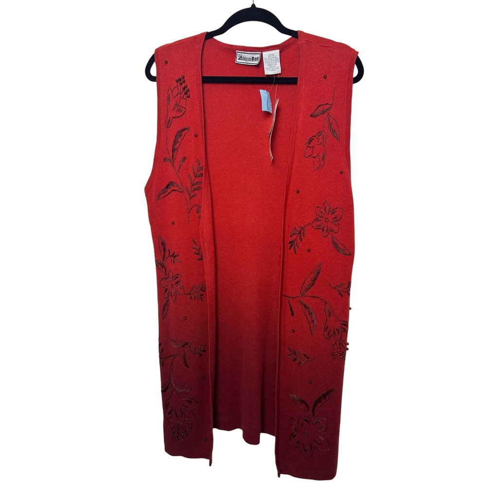 NEW Delores Bell Red Floral 90s Embroidered Beaded Knit cardigan Vest M bohemian